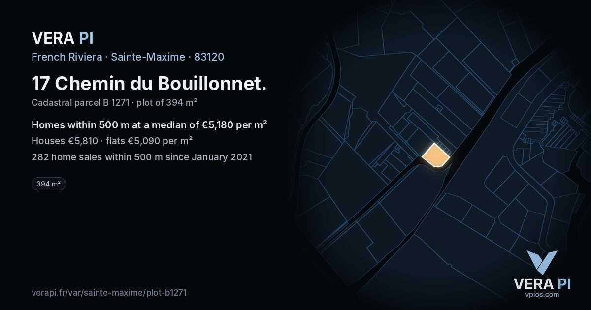 17 Chemin du Bouillonnet, Sainte-Maxime at night – the plot lit, the parcels around coloured by the prices near them