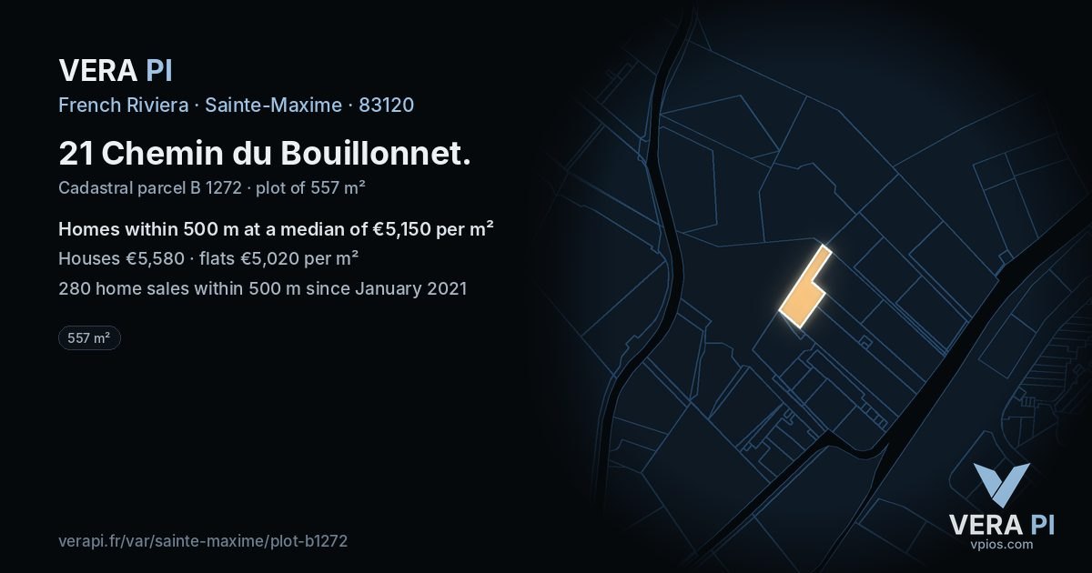 21 Chemin du Bouillonnet, Sainte-Maxime at night – the plot lit, the parcels around coloured by the prices near them