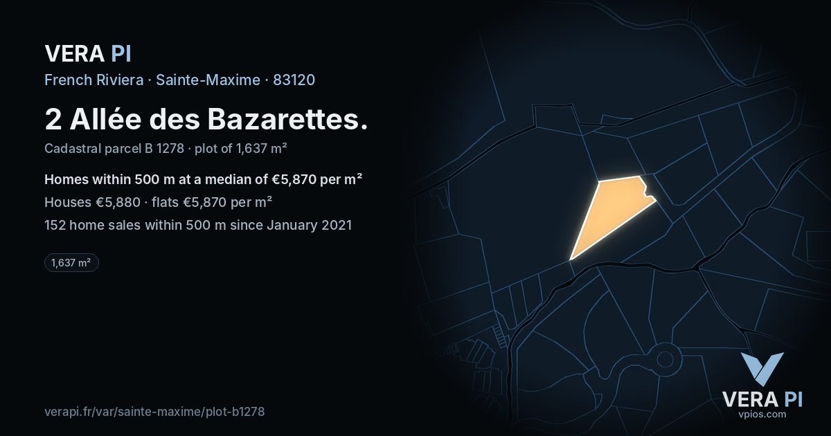 2 Allée des Bazarettes, Sainte-Maxime at night – the plot lit, the parcels around coloured by the prices near them