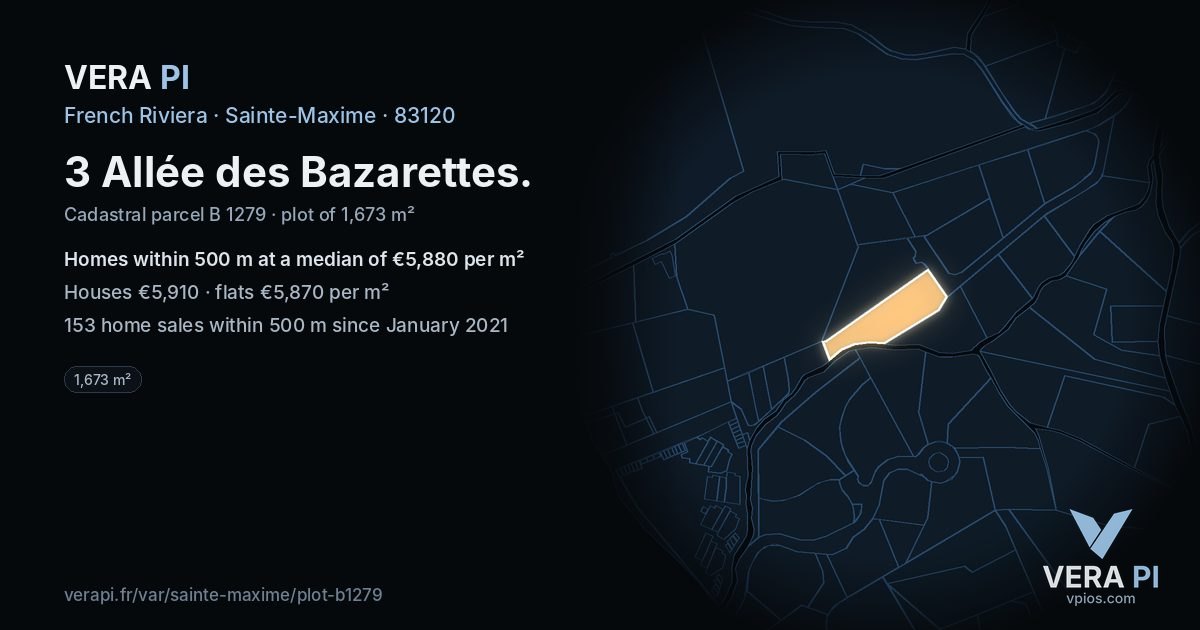 3 Allée des Bazarettes, Sainte-Maxime at night – the plot lit, the parcels around coloured by the prices near them