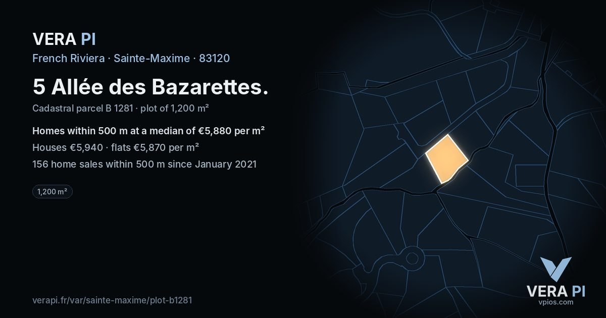 5 Allée des Bazarettes, Sainte-Maxime at night – the plot lit, the parcels around coloured by the prices near them