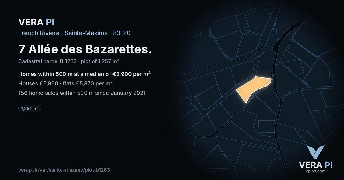 7 Allée des Bazarettes, Sainte-Maxime at night – the plot lit, the parcels around coloured by the prices near them