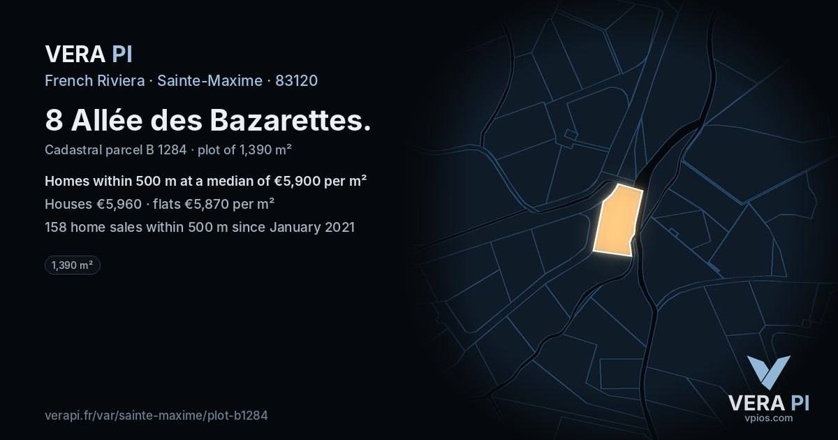 8 Allée des Bazarettes, Sainte-Maxime at night – the plot lit, the parcels around coloured by the prices near them