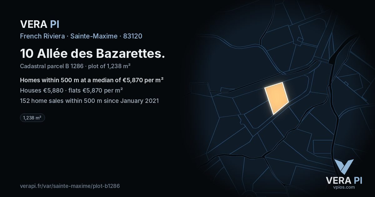 10 Allée des Bazarettes, Sainte-Maxime at night – the plot lit, the parcels around coloured by the prices near them