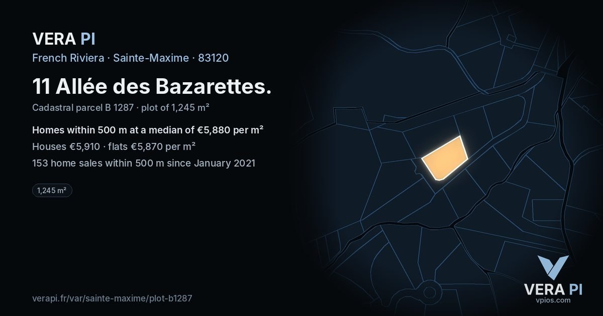 11 Allée des Bazarettes, Sainte-Maxime at night – the plot lit, the parcels around coloured by the prices near them
