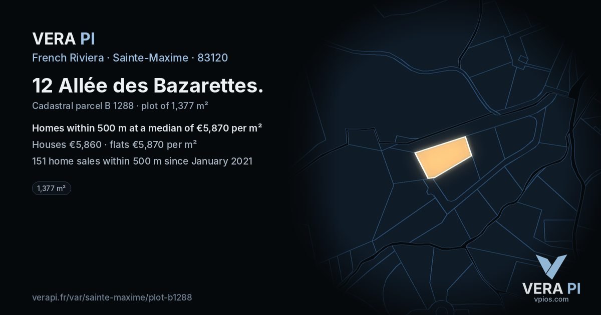12 Allée des Bazarettes, Sainte-Maxime at night – the plot lit, the parcels around coloured by the prices near them