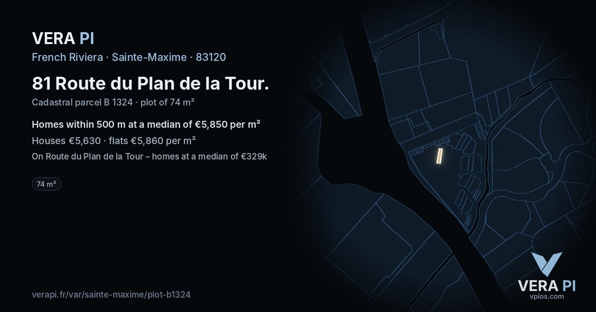 81 Route du Plan de la Tour, Sainte-Maxime at night – the plot lit, the parcels around coloured by the prices near them