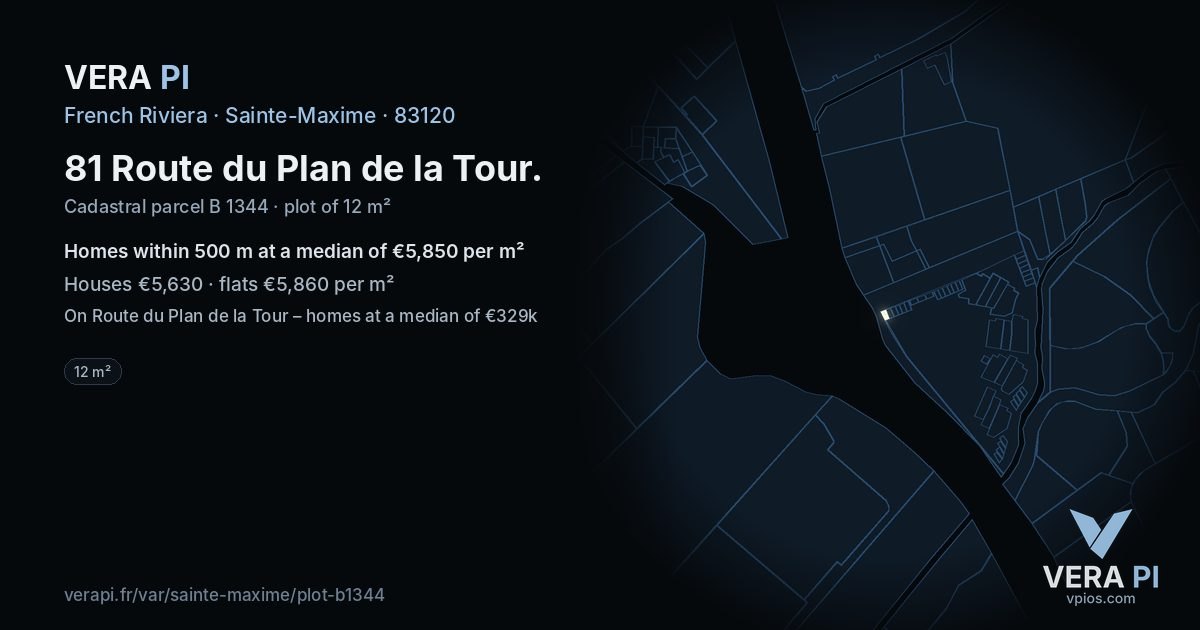 81 Route du Plan de la Tour, Sainte-Maxime at night – the plot lit, the parcels around coloured by the prices near them