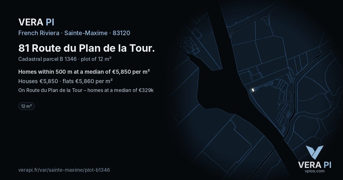 81 Route du Plan de la Tour, Sainte-Maxime at night – the plot lit, the parcels around coloured by the prices near them