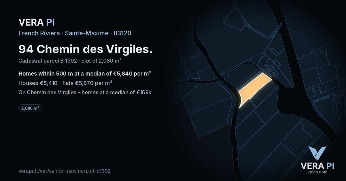 94 Chemin des Virgiles, Sainte-Maxime at night – the plot lit, the parcels around coloured by the prices near them