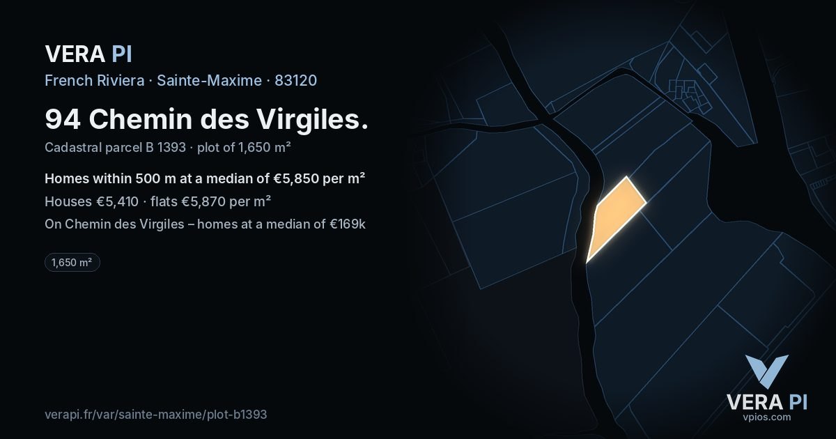 94 Chemin des Virgiles, Sainte-Maxime at night – the plot lit, the parcels around coloured by the prices near them