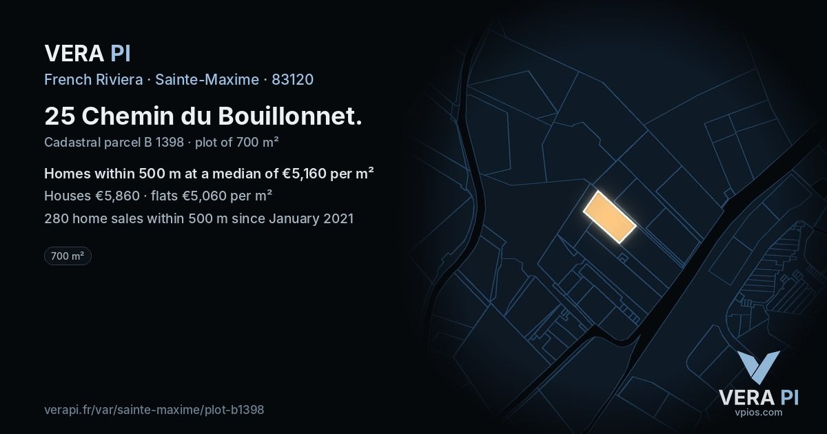 25 Chemin du Bouillonnet, Sainte-Maxime at night – the plot lit, the parcels around coloured by the prices near them