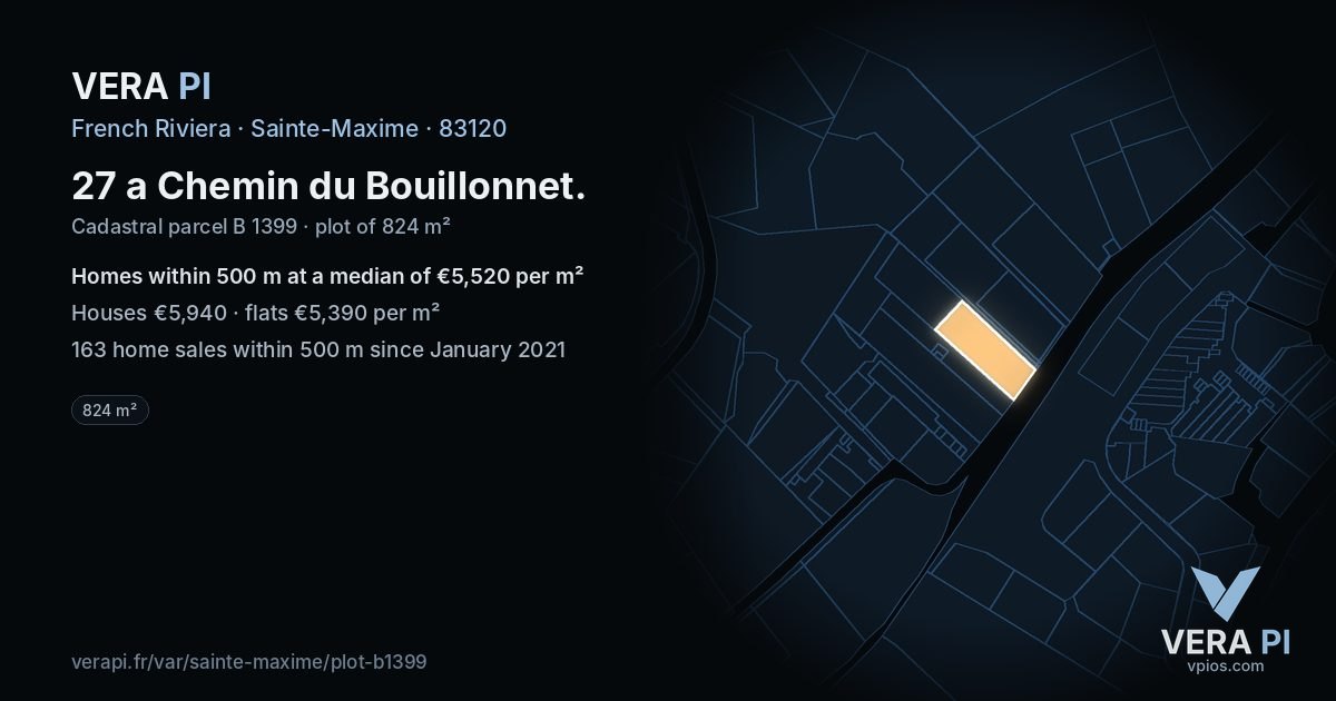 27 a Chemin du Bouillonnet, Sainte-Maxime at night – the plot lit, the parcels around coloured by the prices near them