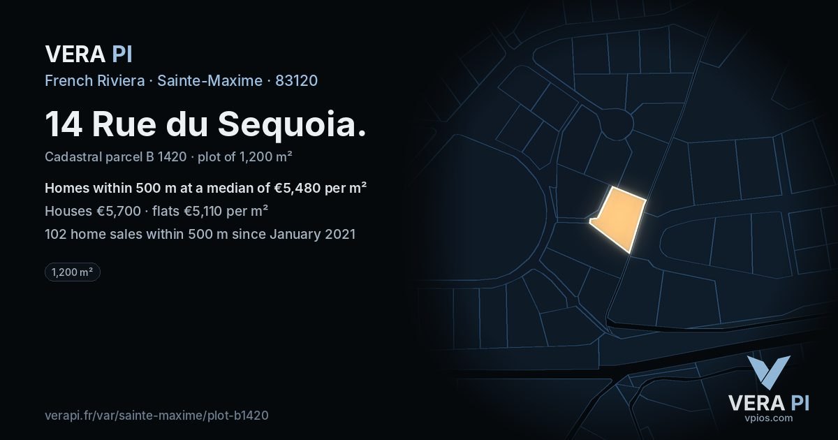 14 Rue du Sequoia, Sainte-Maxime at night – the plot lit, the parcels around coloured by the prices near them