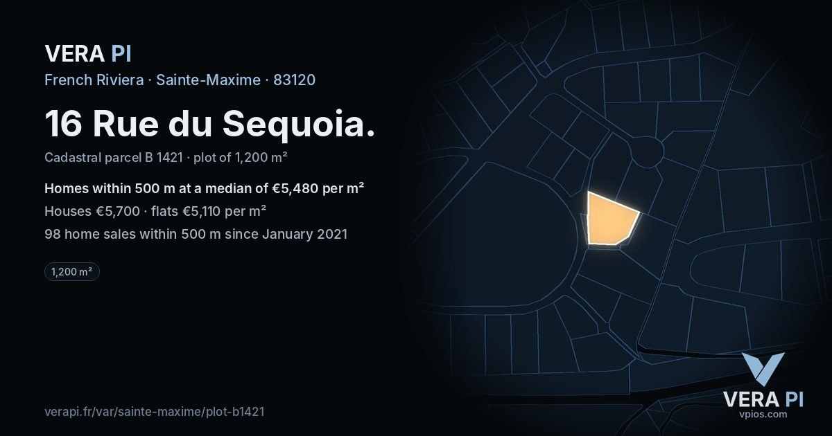 16 Rue du Sequoia, Sainte-Maxime at night – the plot lit, the parcels around coloured by the prices near them