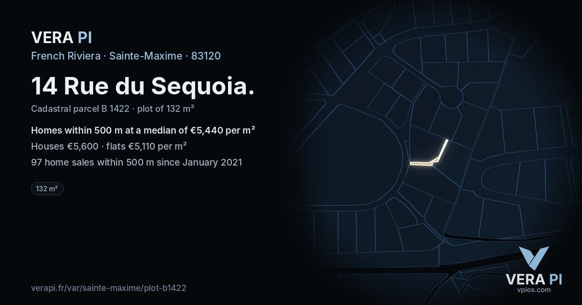 14 Rue du Sequoia, Sainte-Maxime at night – the plot lit, the parcels around coloured by the prices near them