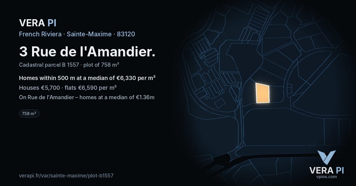 3 Rue de l'Amandier, Sainte-Maxime at night – the plot lit, the parcels around coloured by the prices near them