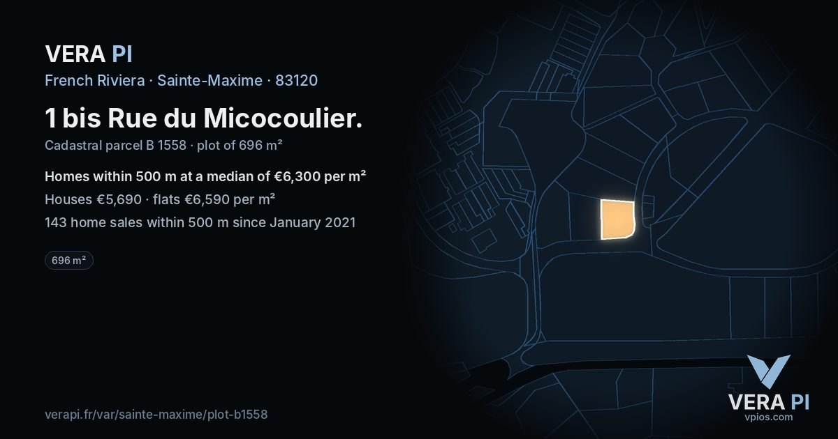 1 bis Rue du Micocoulier, Sainte-Maxime at night – the plot lit, the parcels around coloured by the prices near them