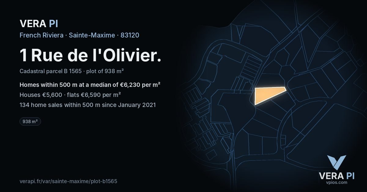 1 Rue de l'Olivier, Sainte-Maxime at night – the plot lit, the parcels around coloured by the prices near them