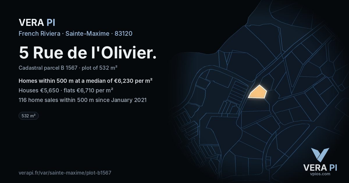 5 Rue de l'Olivier, Sainte-Maxime at night – the plot lit, the parcels around coloured by the prices near them