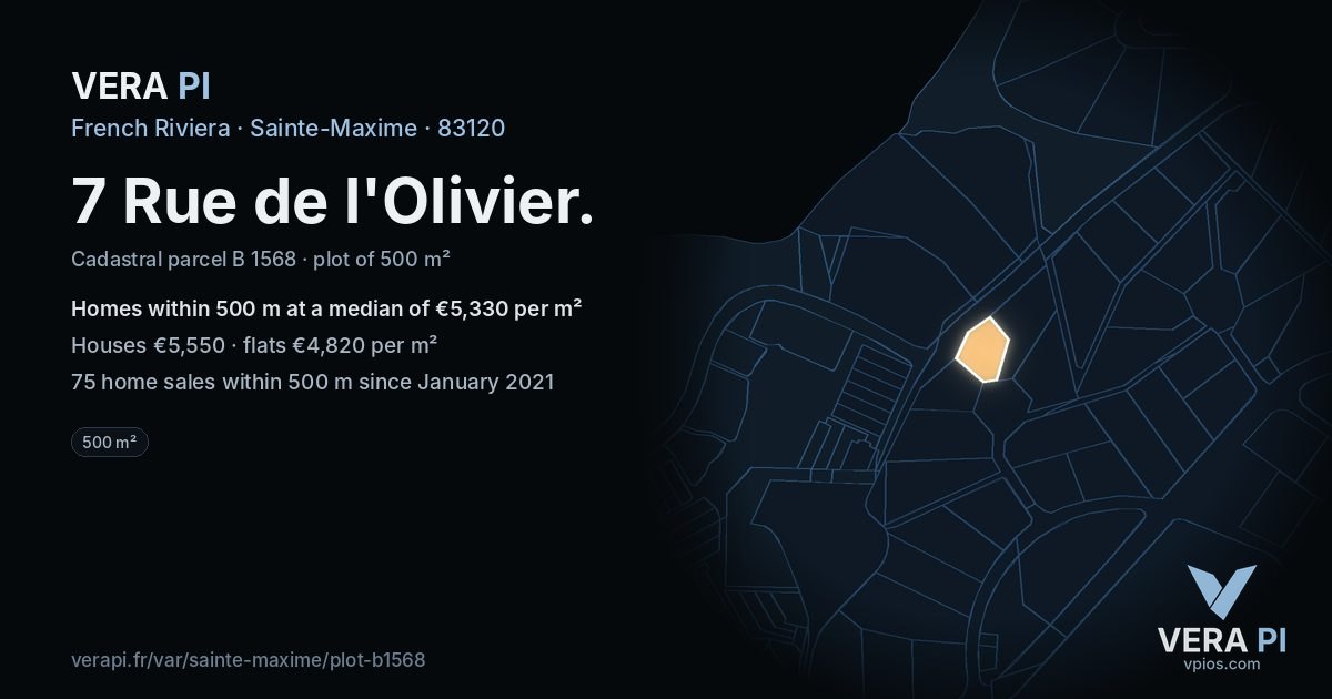 7 Rue de l'Olivier, Sainte-Maxime at night – the plot lit, the parcels around coloured by the prices near them