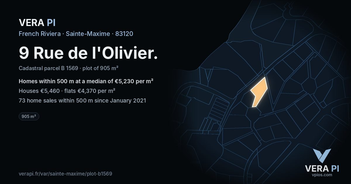 9 Rue de l'Olivier, Sainte-Maxime at night – the plot lit, the parcels around coloured by the prices near them