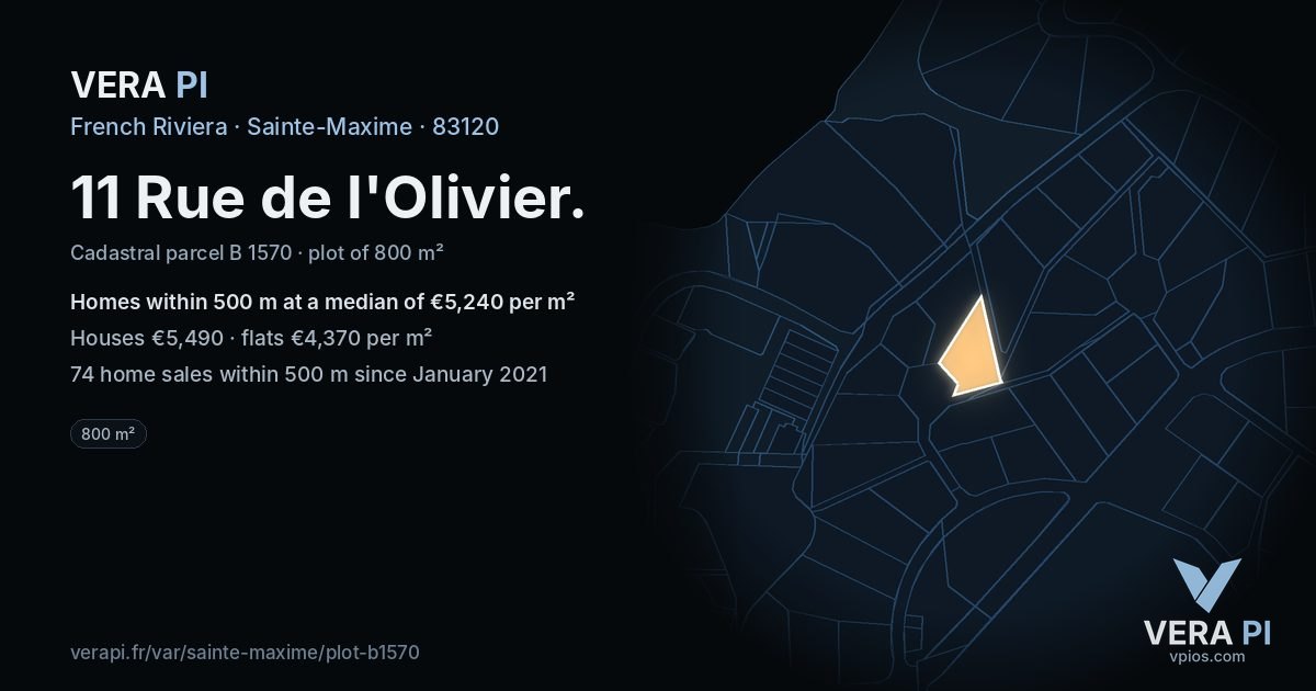 11 Rue de l'Olivier, Sainte-Maxime at night – the plot lit, the parcels around coloured by the prices near them