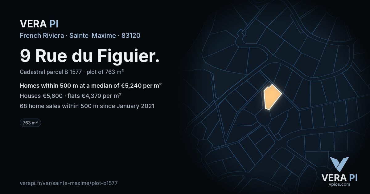9 Rue du Figuier, Sainte-Maxime at night – the plot lit, the parcels around coloured by the prices near them
