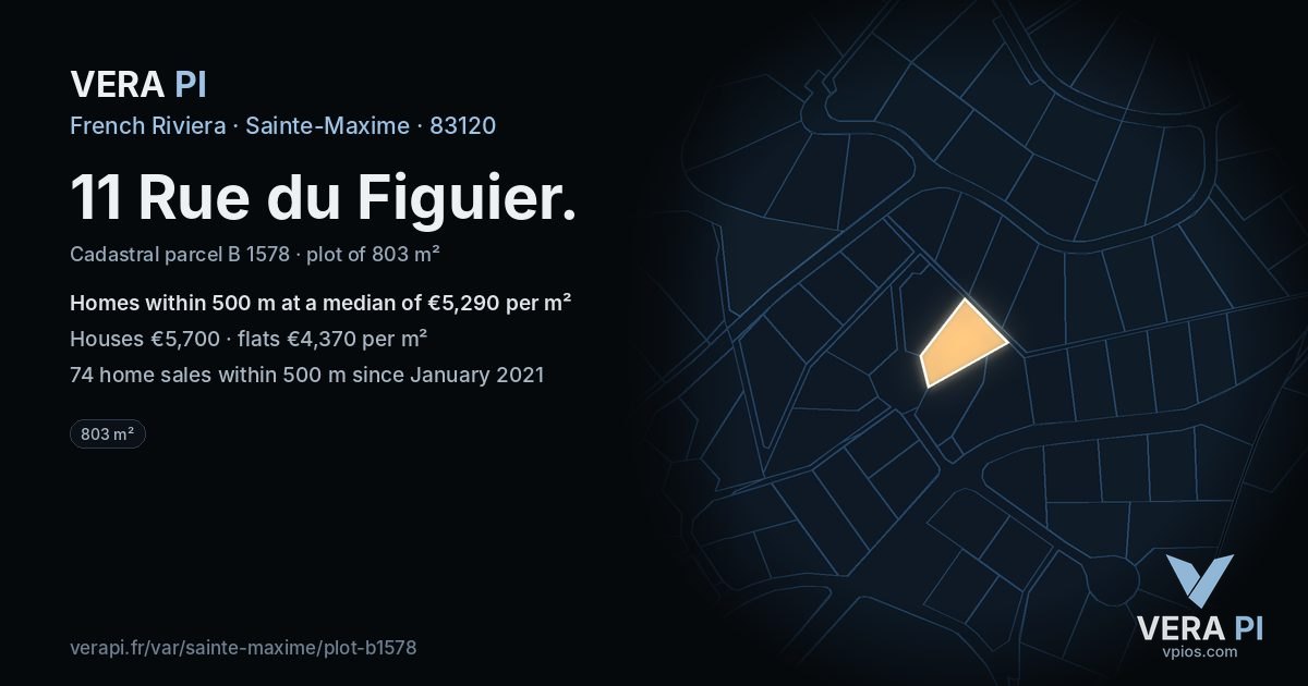 11 Rue du Figuier, Sainte-Maxime at night – the plot lit, the parcels around coloured by the prices near them