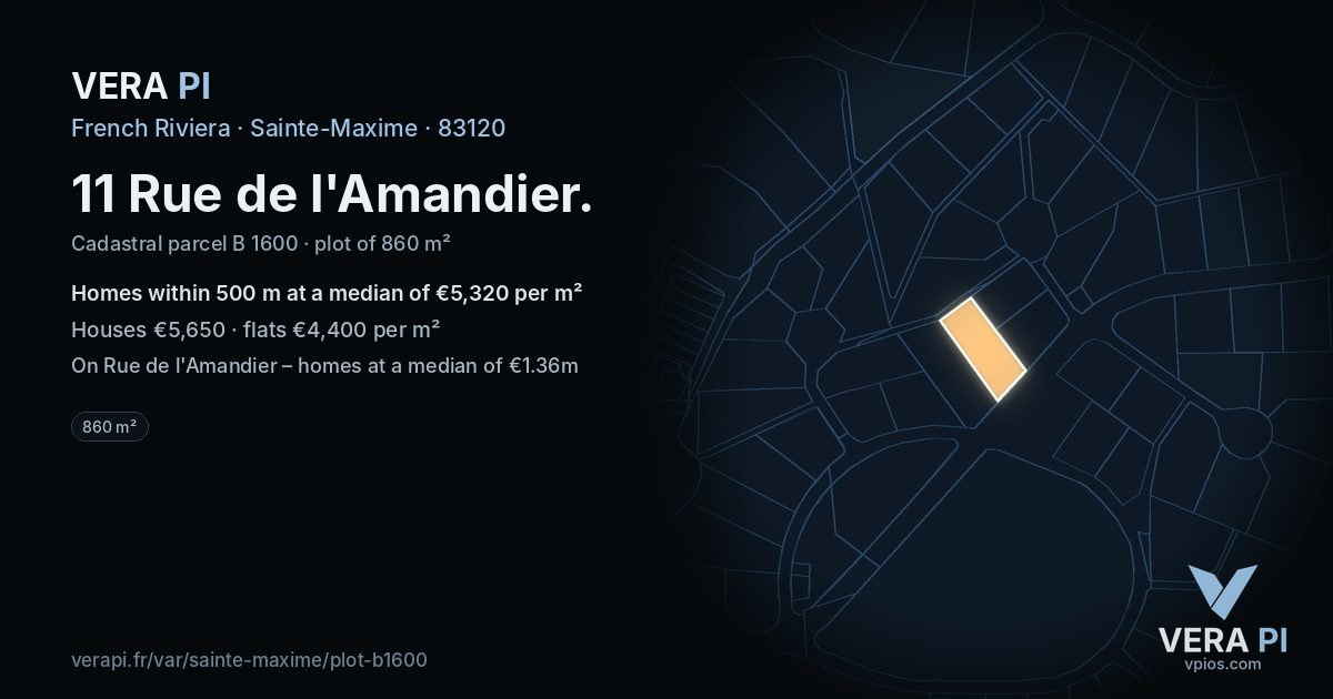 11 Rue de l'Amandier, Sainte-Maxime at night – the plot lit, the parcels around coloured by the prices near them
