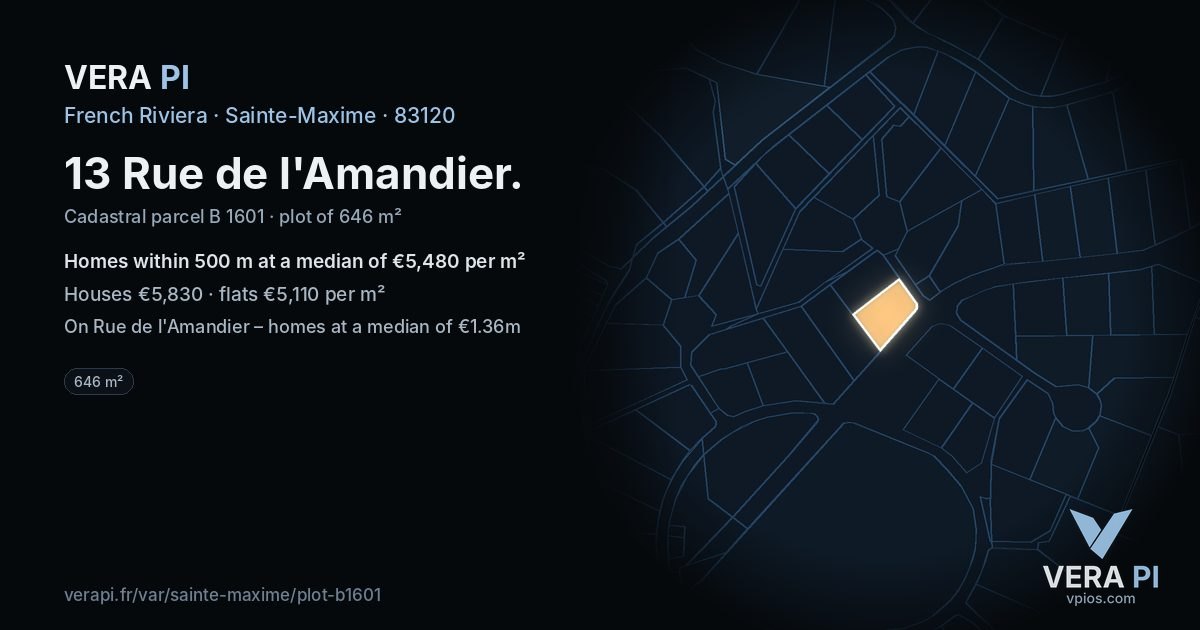 13 Rue de l'Amandier, Sainte-Maxime at night – the plot lit, the parcels around coloured by the prices near them