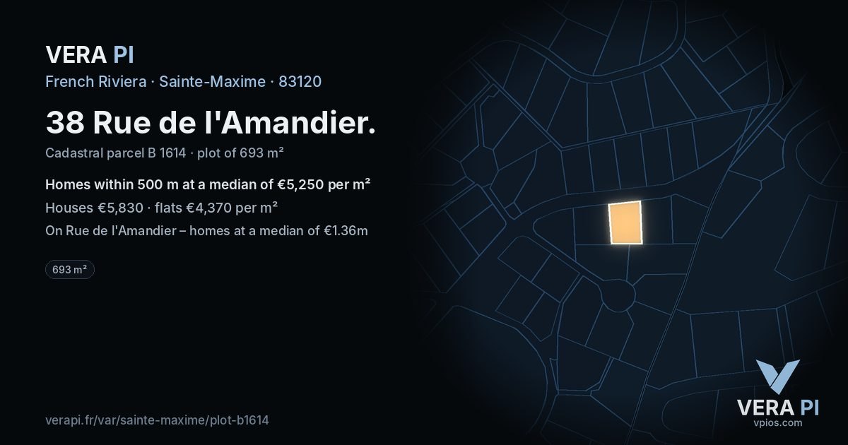 38 Rue de l'Amandier, Sainte-Maxime at night – the plot lit, the parcels around coloured by the prices near them