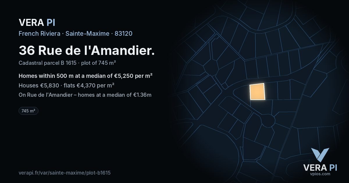 36 Rue de l'Amandier, Sainte-Maxime at night – the plot lit, the parcels around coloured by the prices near them