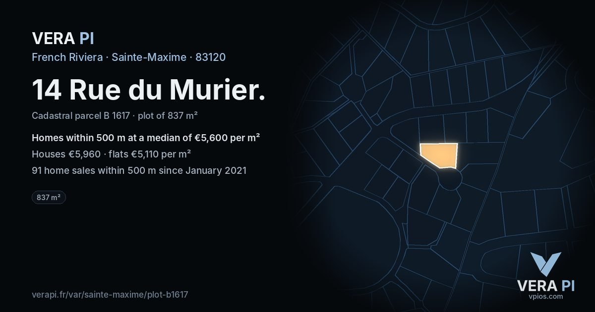 14 Rue du Murier, Sainte-Maxime at night – the plot lit, the parcels around coloured by the prices near them