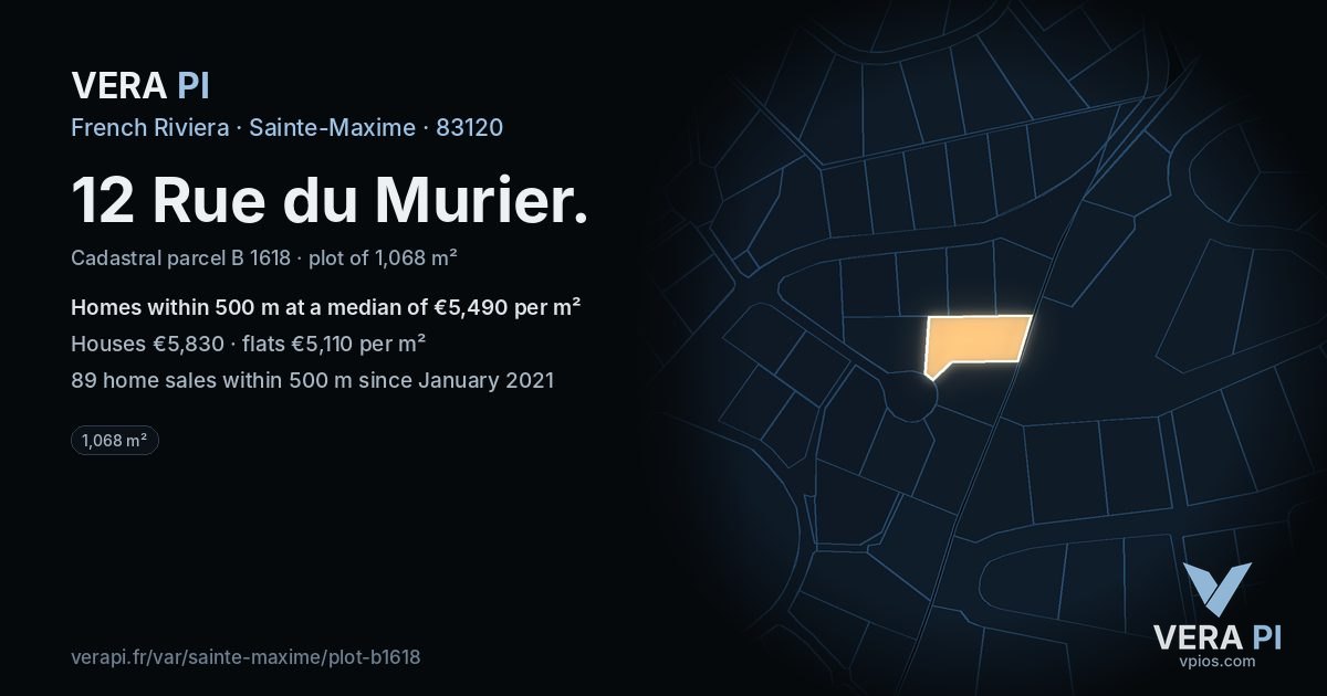 12 Rue du Murier, Sainte-Maxime at night – the plot lit, the parcels around coloured by the prices near them