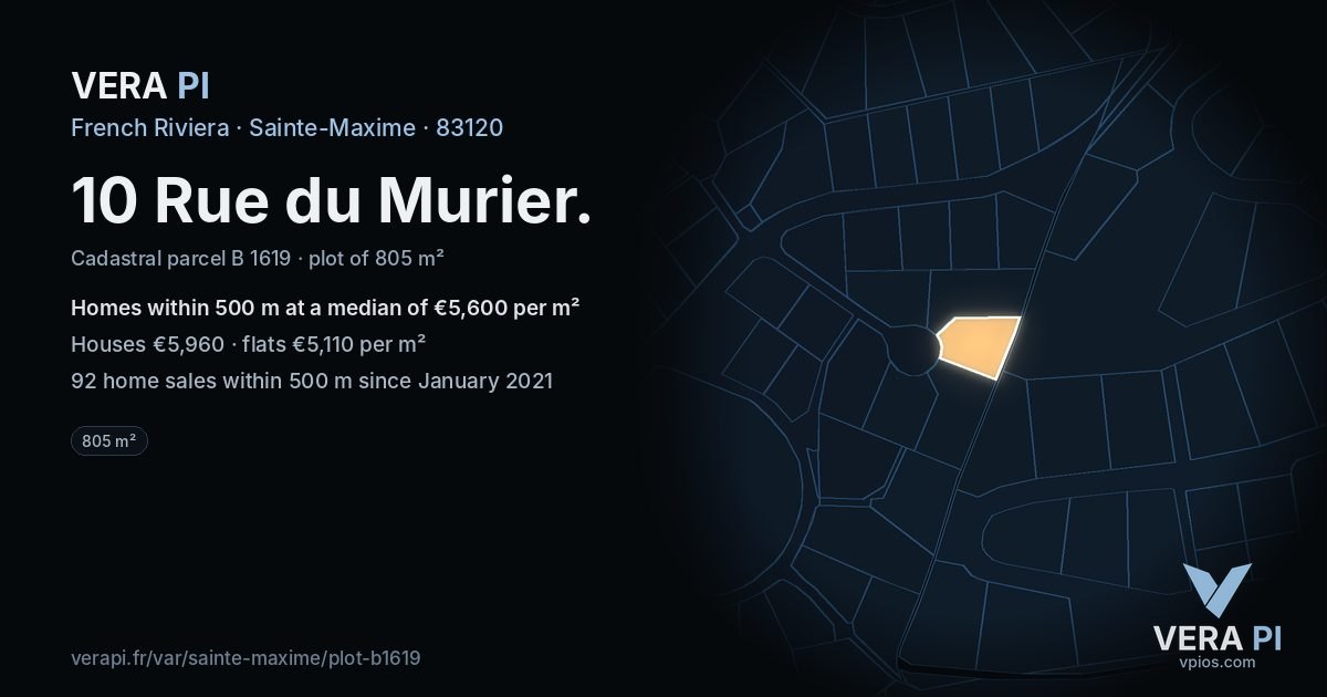 10 Rue du Murier, Sainte-Maxime at night – the plot lit, the parcels around coloured by the prices near them