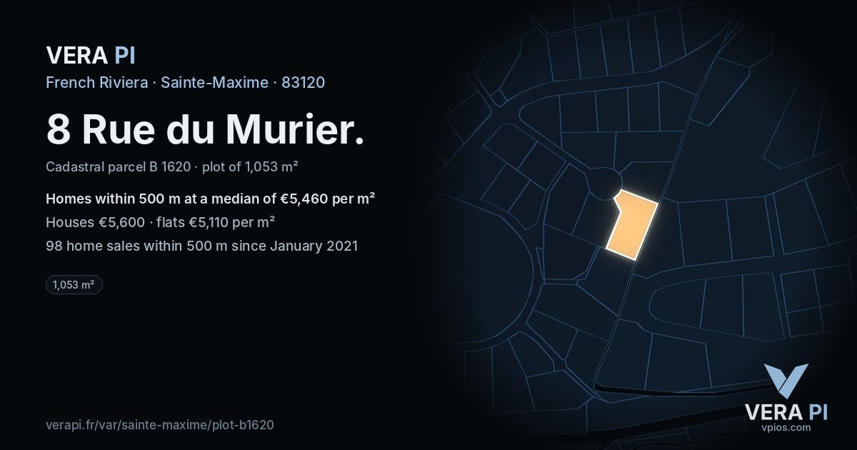 8 Rue du Murier, Sainte-Maxime at night – the plot lit, the parcels around coloured by the prices near them