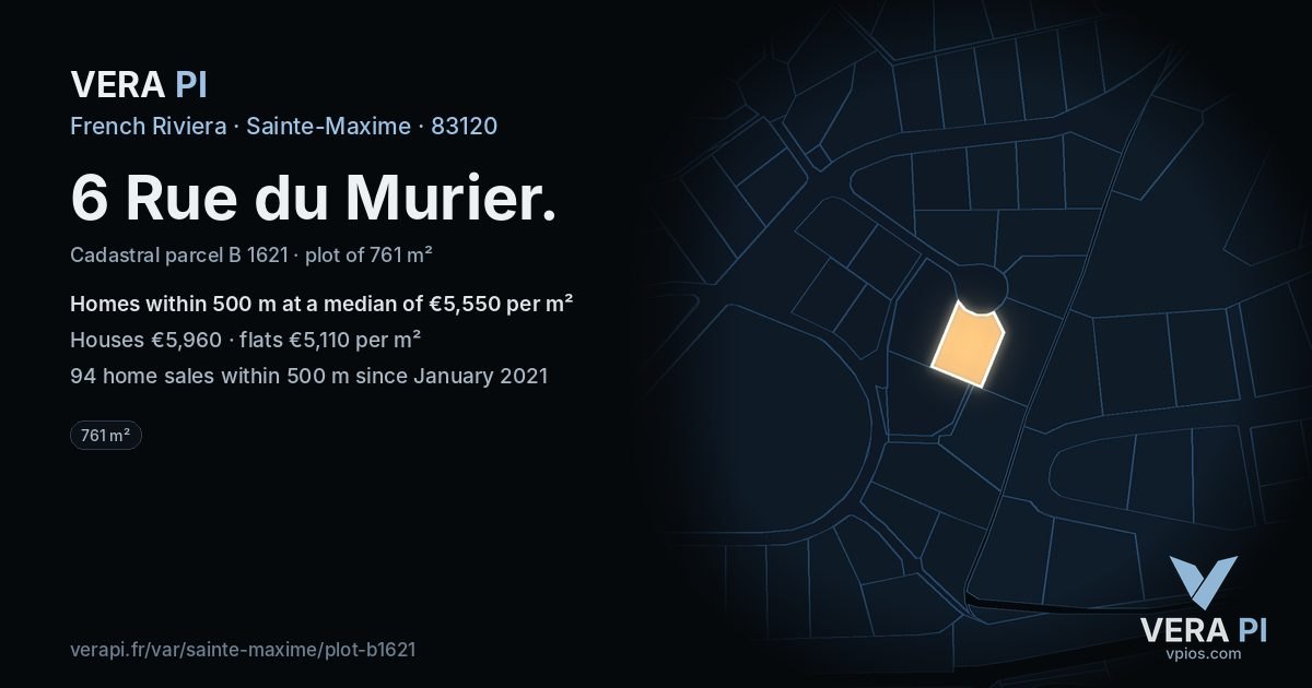 6 Rue du Murier, Sainte-Maxime at night – the plot lit, the parcels around coloured by the prices near them