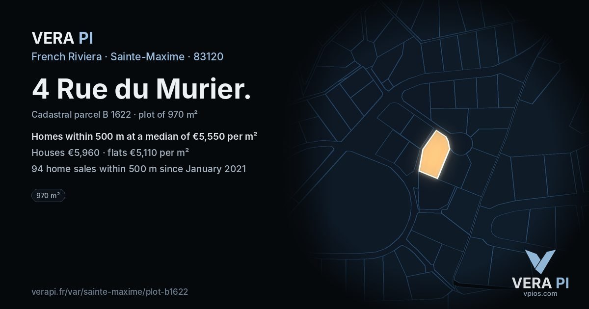 4 Rue du Murier, Sainte-Maxime at night – the plot lit, the parcels around coloured by the prices near them