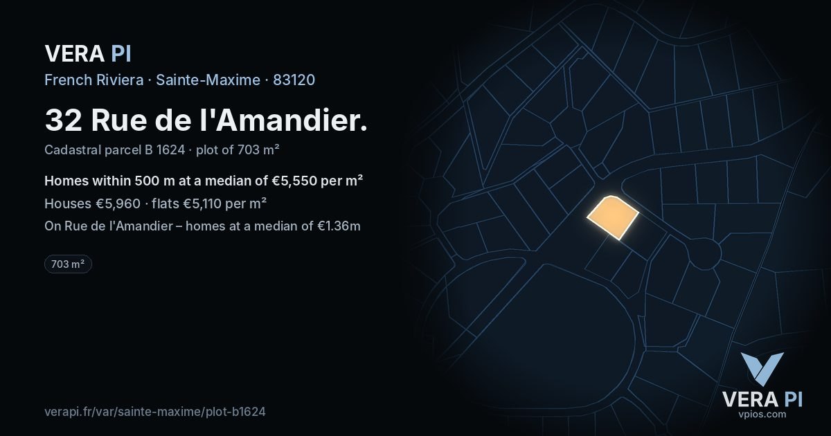 32 Rue de l'Amandier, Sainte-Maxime at night – the plot lit, the parcels around coloured by the prices near them