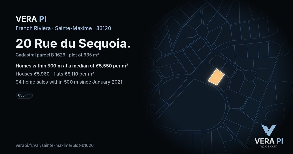 20 Rue du Sequoia, Sainte-Maxime at night – the plot lit, the parcels around coloured by the prices near them