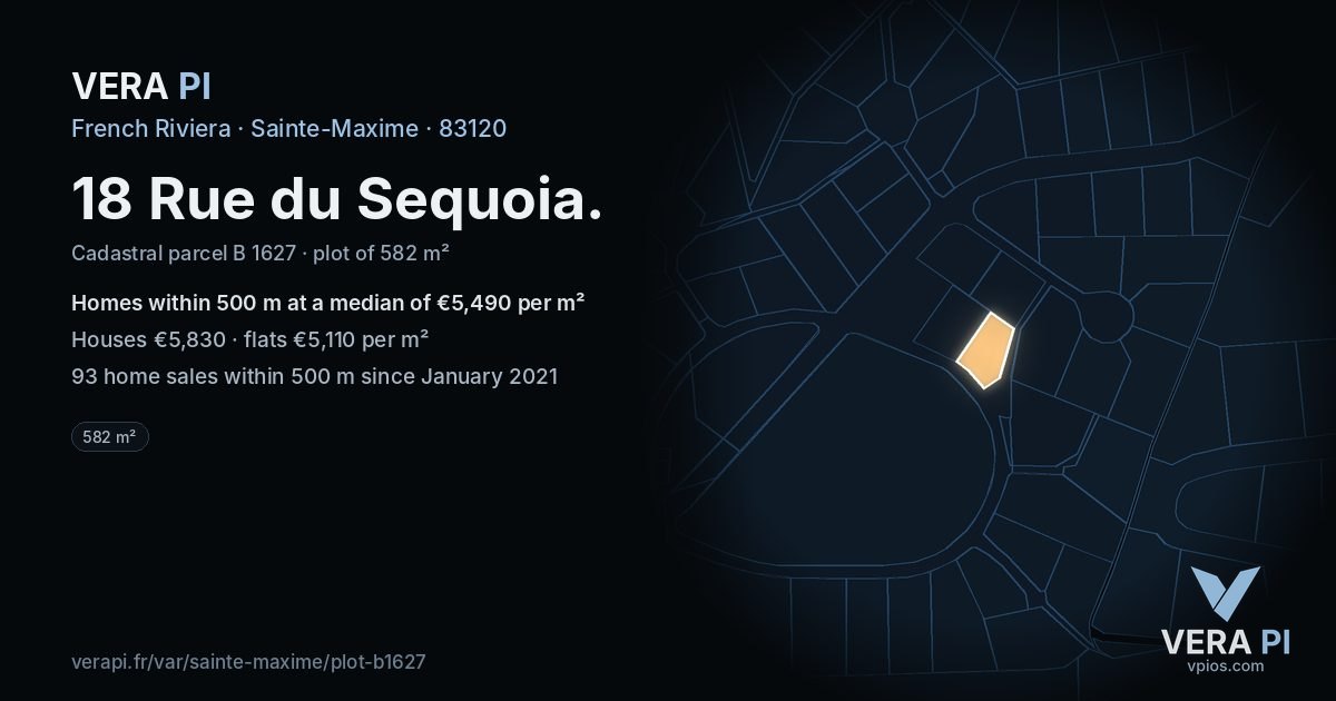 18 Rue du Sequoia, Sainte-Maxime at night – the plot lit, the parcels around coloured by the prices near them
