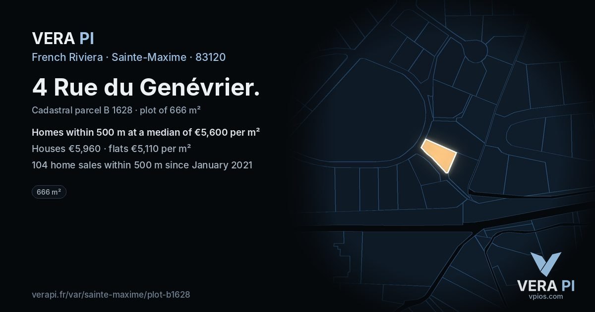 4 Rue du Genévrier, Sainte-Maxime at night – the plot lit, the parcels around coloured by the prices near them
