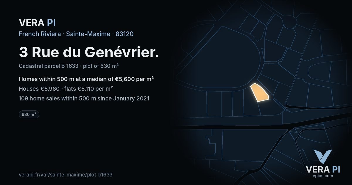 3 Rue du Genévrier, Sainte-Maxime at night – the plot lit, the parcels around coloured by the prices near them