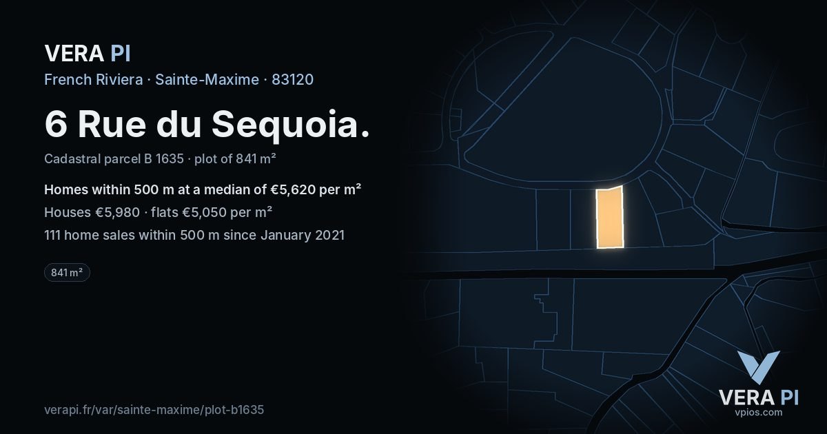 6 Rue du Sequoia, Sainte-Maxime at night – the plot lit, the parcels around coloured by the prices near them