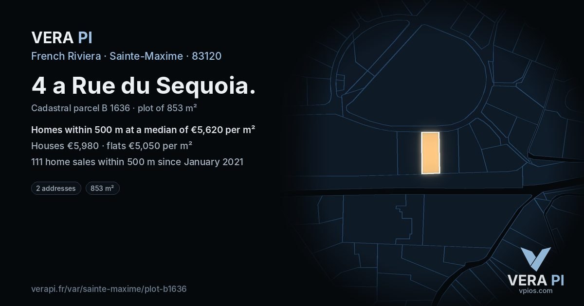 4 a Rue du Sequoia, Sainte-Maxime at night – the plot lit, the parcels around coloured by the prices near them