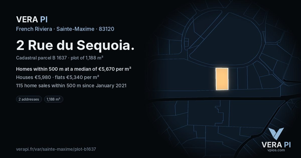 2 Rue du Sequoia, Sainte-Maxime at night – the plot lit, the parcels around coloured by the prices near them