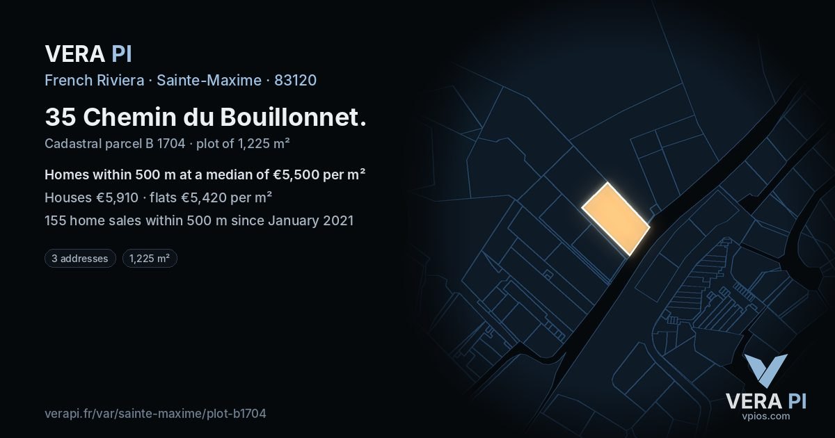 35 Chemin du Bouillonnet, Sainte-Maxime at night – the plot lit, the parcels around coloured by the prices near them