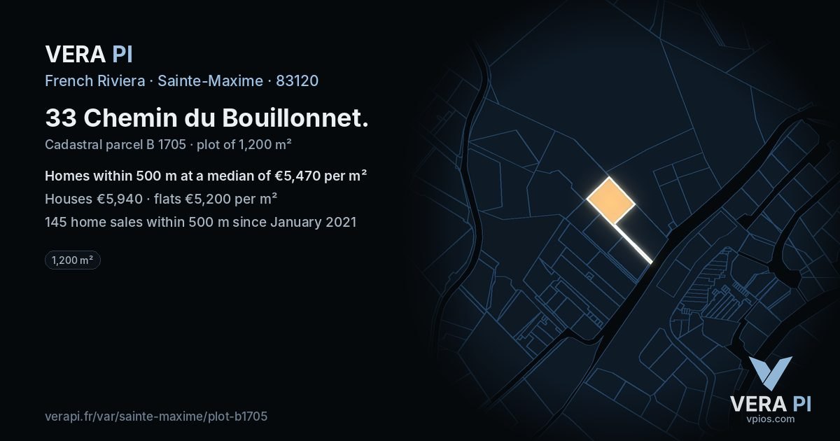 33 Chemin du Bouillonnet, Sainte-Maxime at night – the plot lit, the parcels around coloured by the prices near them