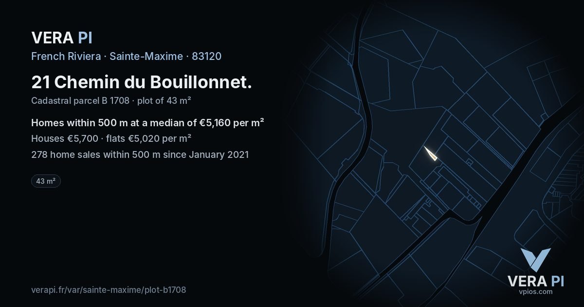 21 Chemin du Bouillonnet, Sainte-Maxime at night – the plot lit, the parcels around coloured by the prices near them